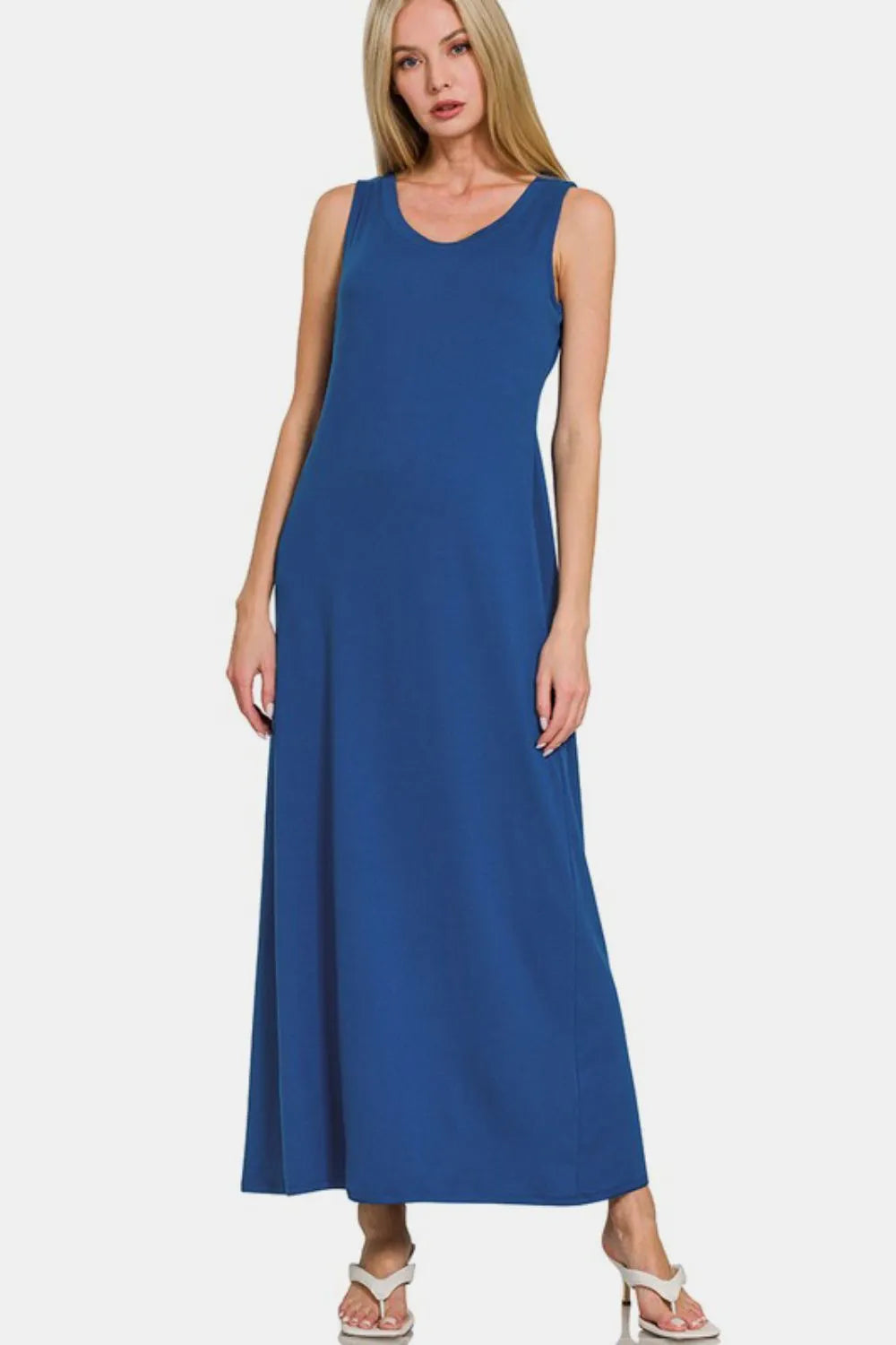 Zenana scoop neck wide strap tank dress, lightweight and casual, featuring a relaxed fit and sleeveless design for warm weather.