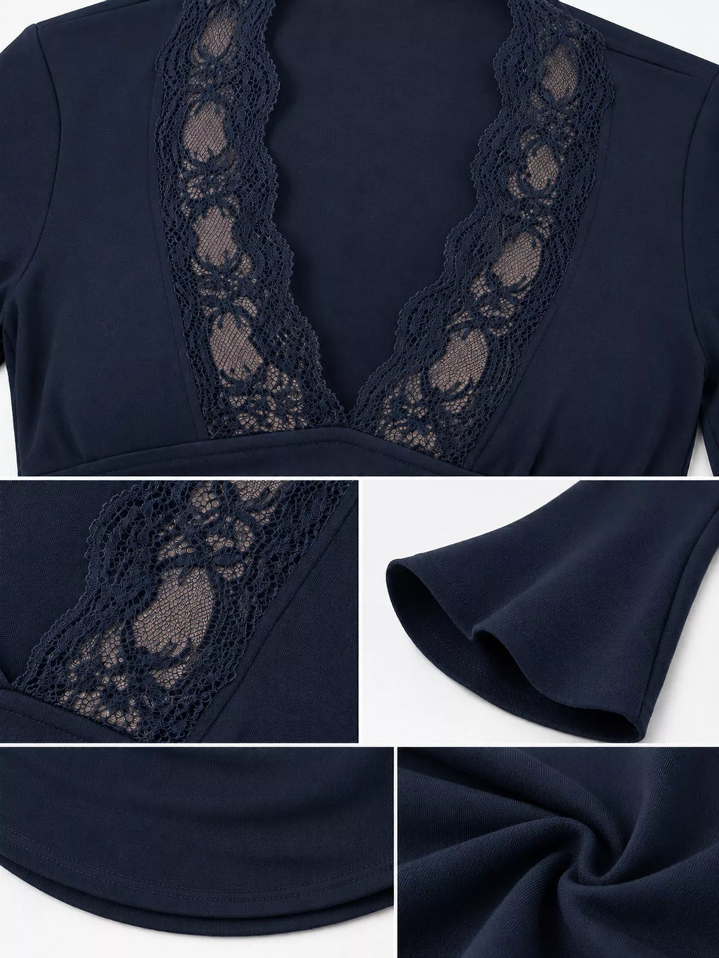 Slim fit V-neck long sleeve T-shirt with lace trim from Trendsi, featuring a stylish design with soft fabric and elegant details.