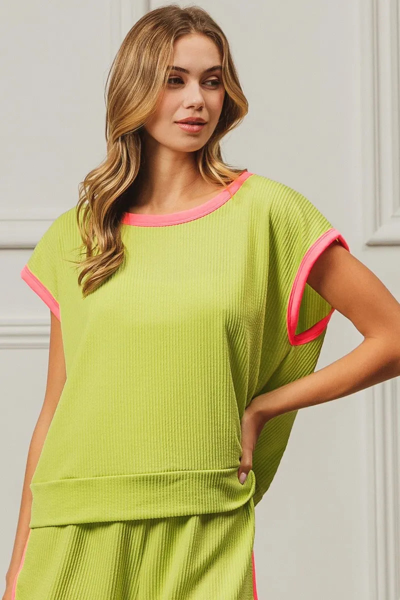 BiBi Cord Rib Knit Contrast Banded Top in neutral tones with ribbed texture and contrasting band detail, stylish and comfortable for casual wear.