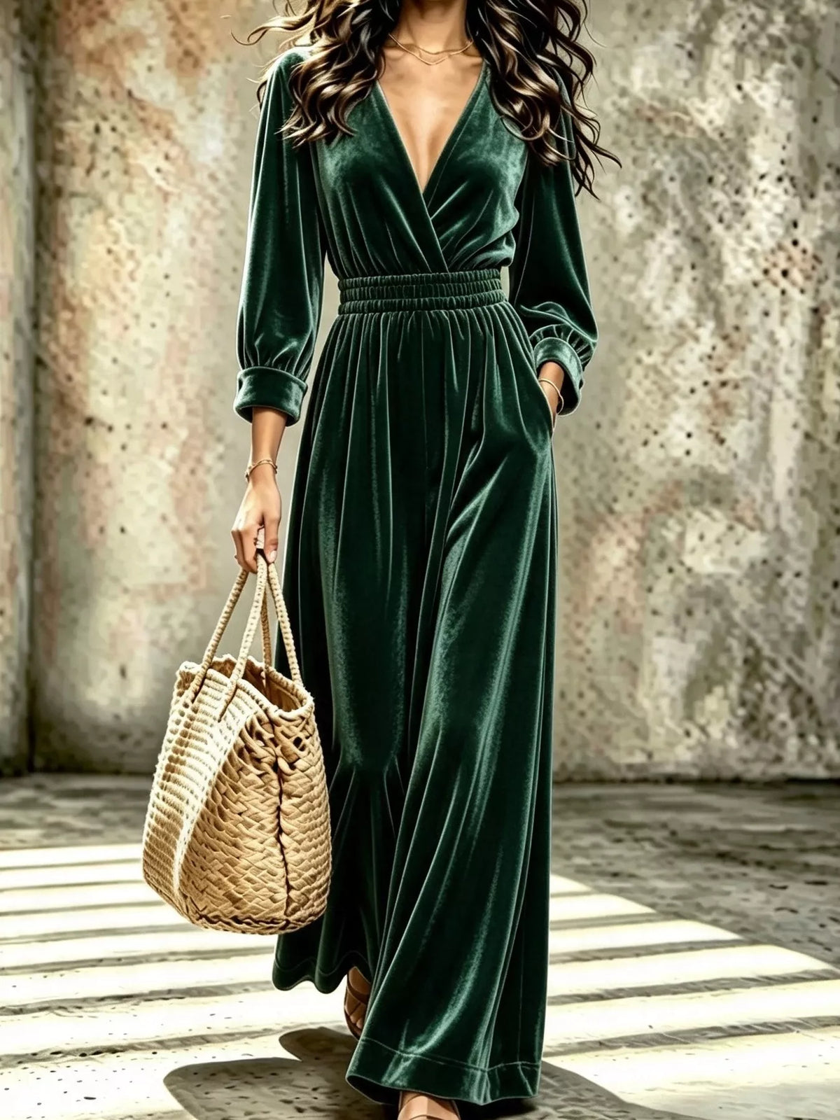Velvet surplice long sleeve jumpsuit in rich fabric, featuring a flattering V-neck and fitted waist, from Trendsi.