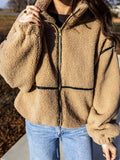 Camel fleece zip-up jacket with collar and dropped shoulders