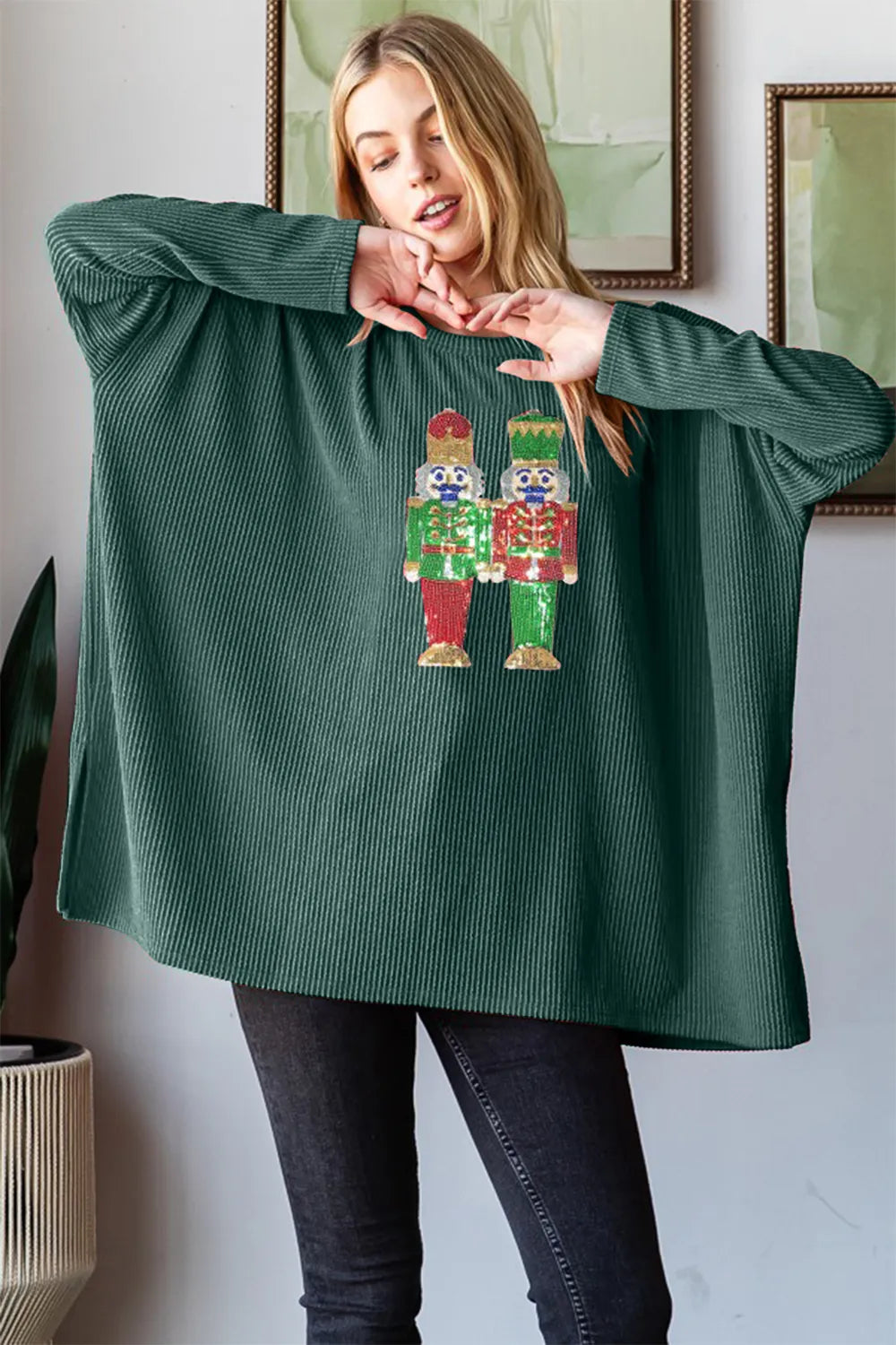 Hunter green long sleeve ribbed top with sequin nutcracker, view 3