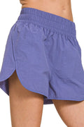 Zenana windbreaker running shorts with smocked waistband, lightweight athletic shorts for active wear in black and white.