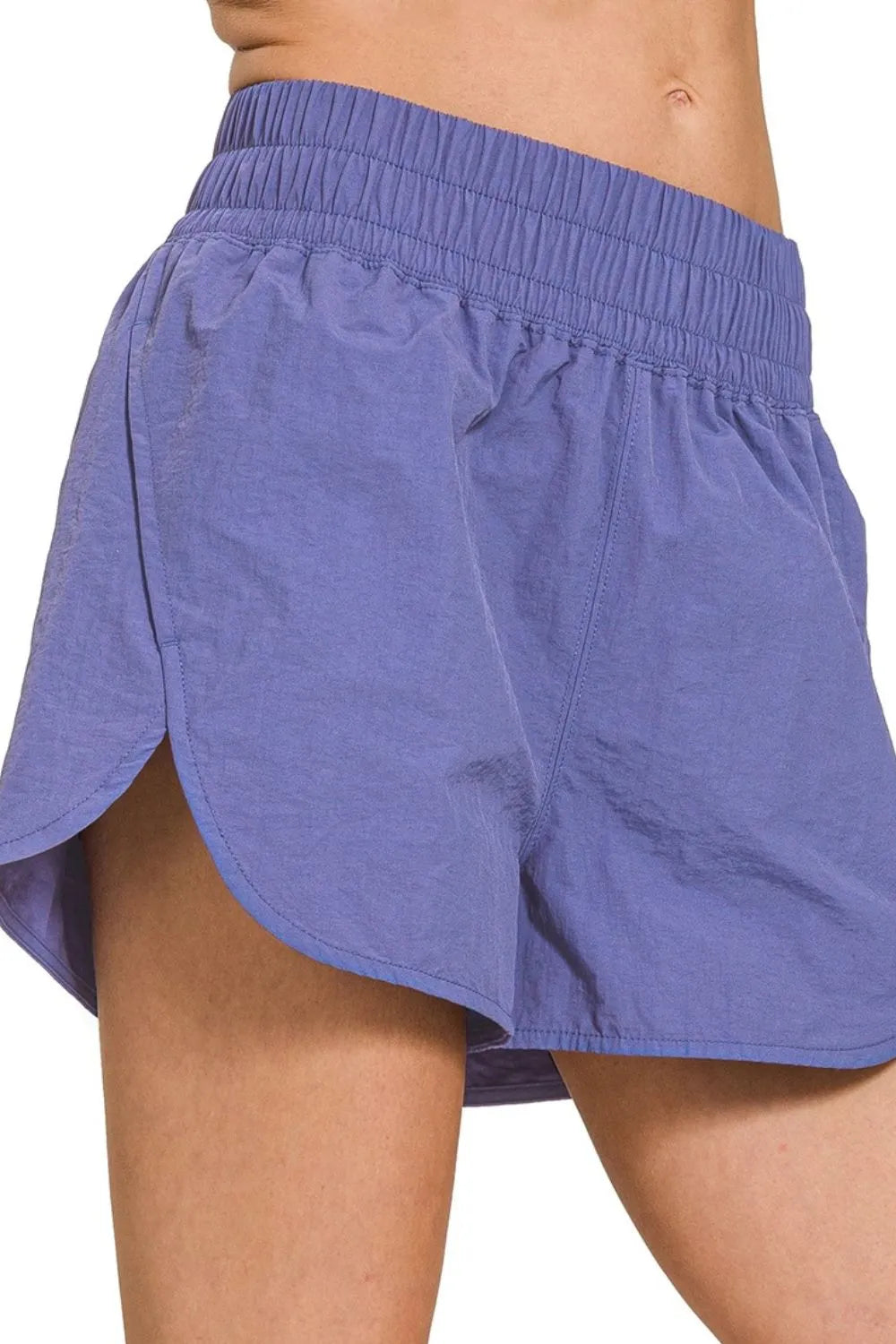 Zenana windbreaker running shorts with smocked waistband, lightweight athletic shorts for active wear in black and white.