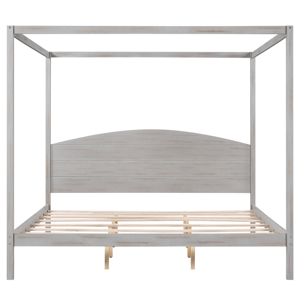 King Size Canopy Platform Bed with Headboard and Support Legs, Grey Wash
