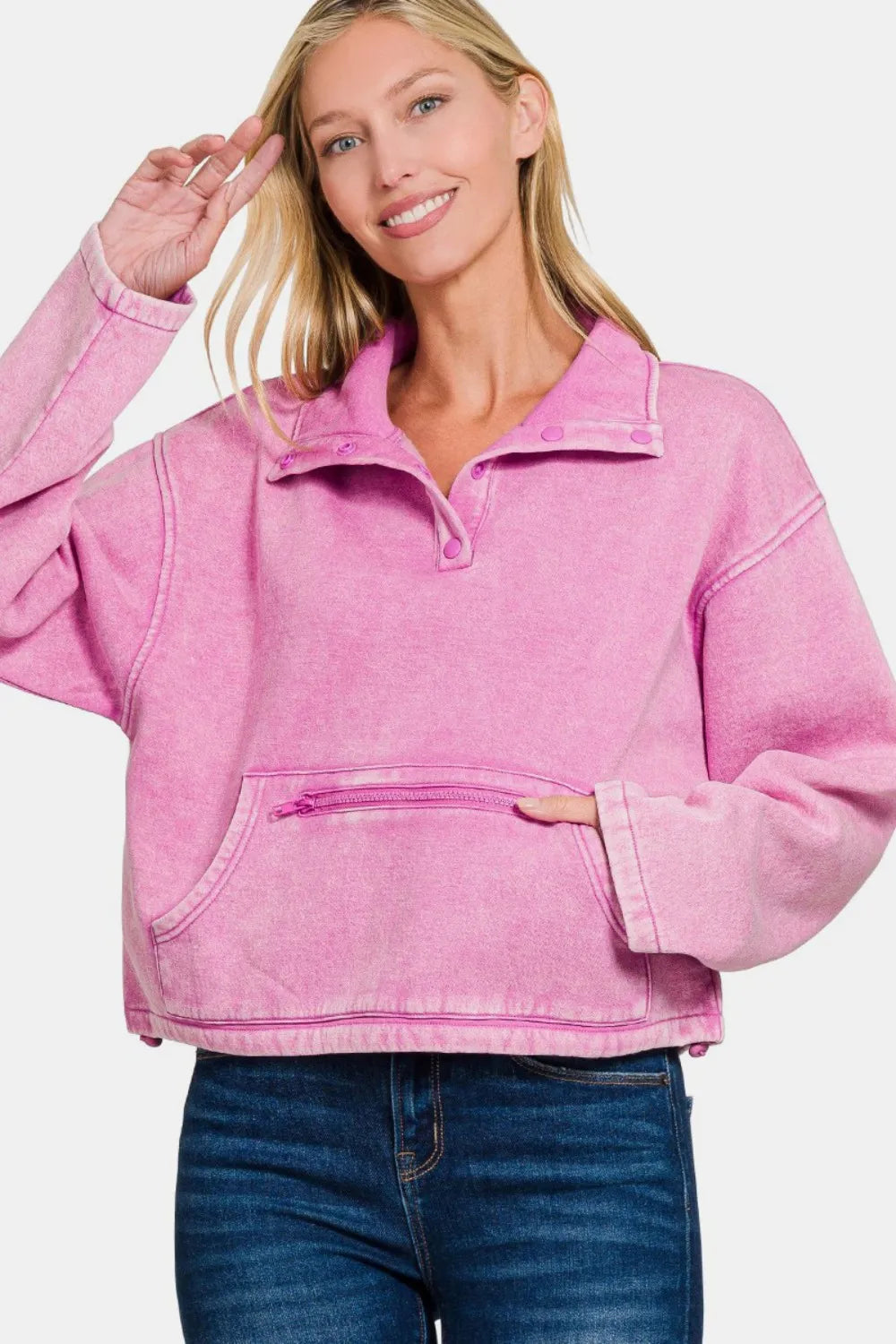 Mauve acid wash fleece half-snap sweatshirt with kangaroo pocket