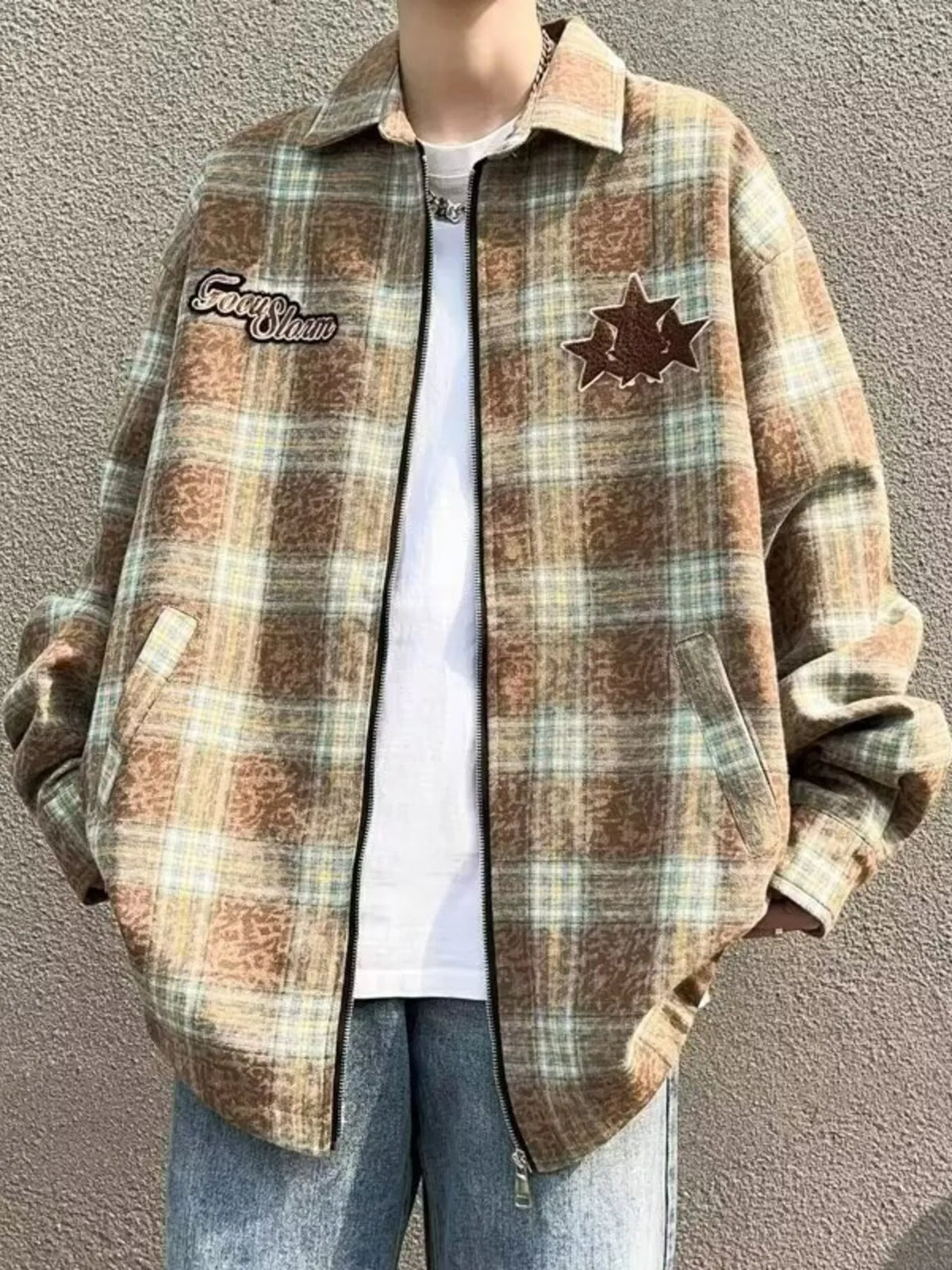 Men's oversized camel plaid zip-up jacket