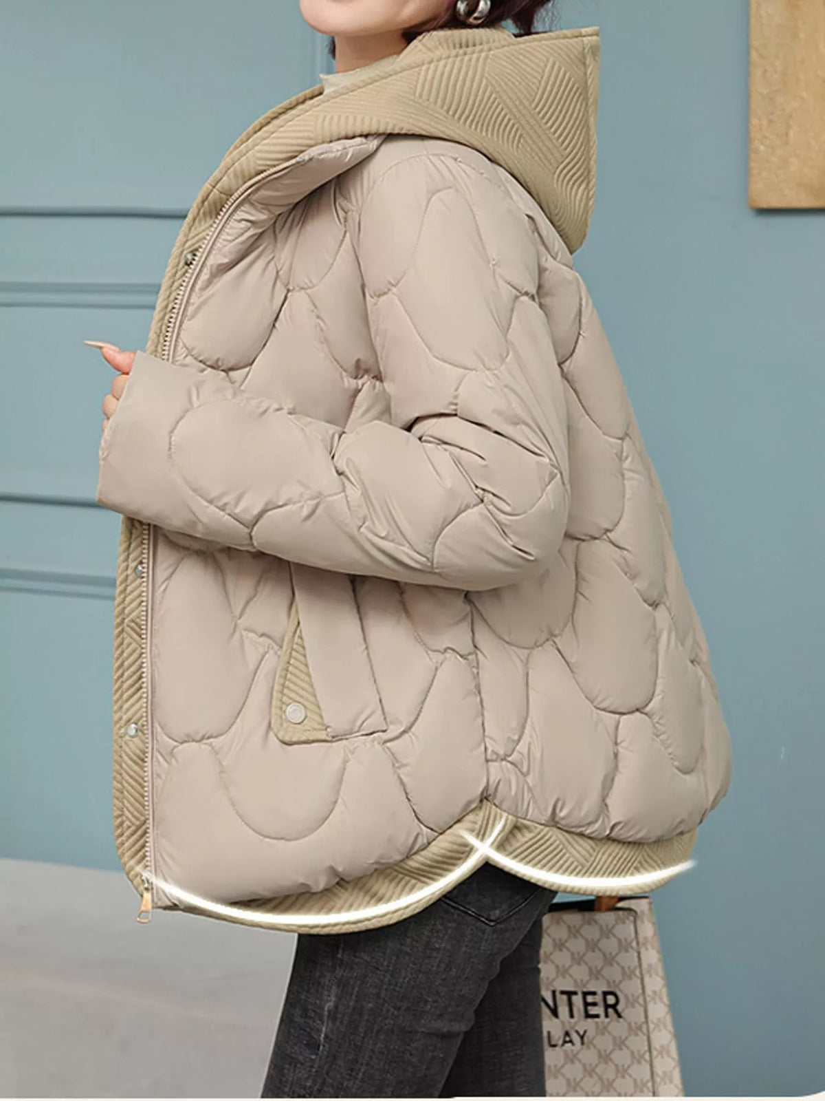 Plus size quilted hooded puffer jacket with snap buttons, view 15
