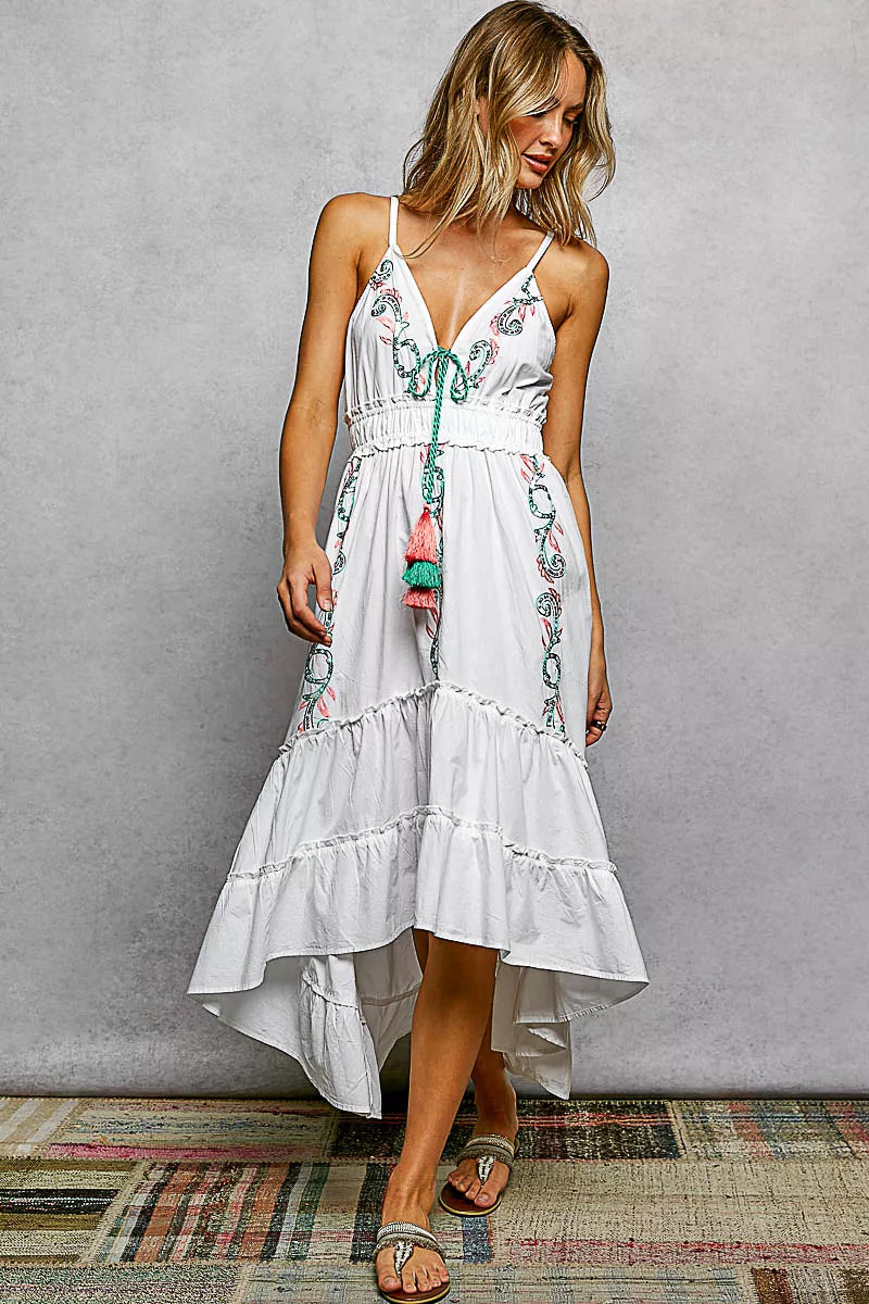 Trendsi POL embroidered detail tassel tie smocked waist midi tiered cami dress with floral embroidery and ruffled hem, front view.