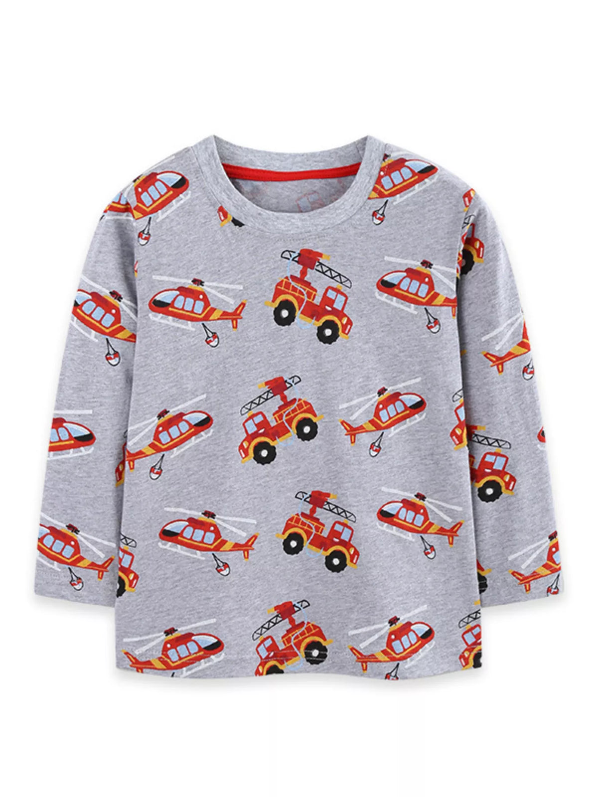 Children's fire truck and helicopter print long sleeve crew neck T-shirt by Trendsi, featuring colorful emergency vehicle graphics.