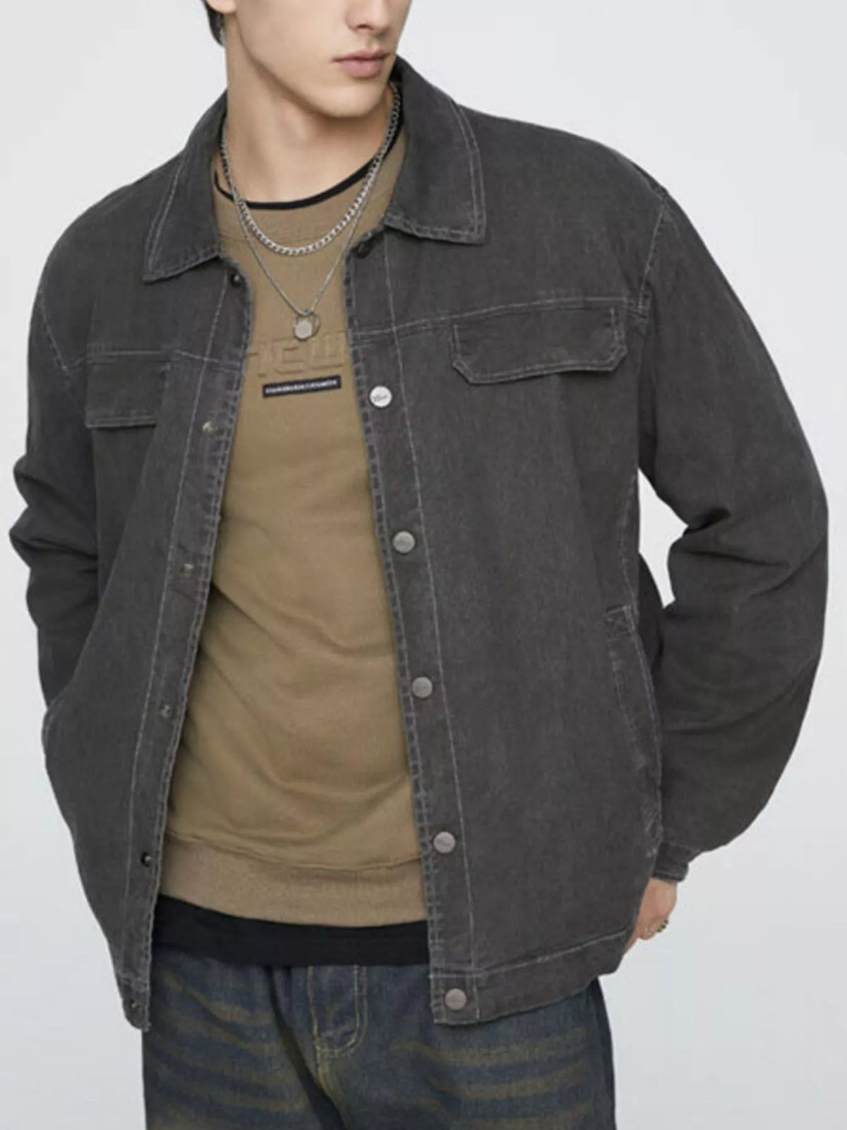 Men's plus size cotton button-up jacket with pockets, view 6