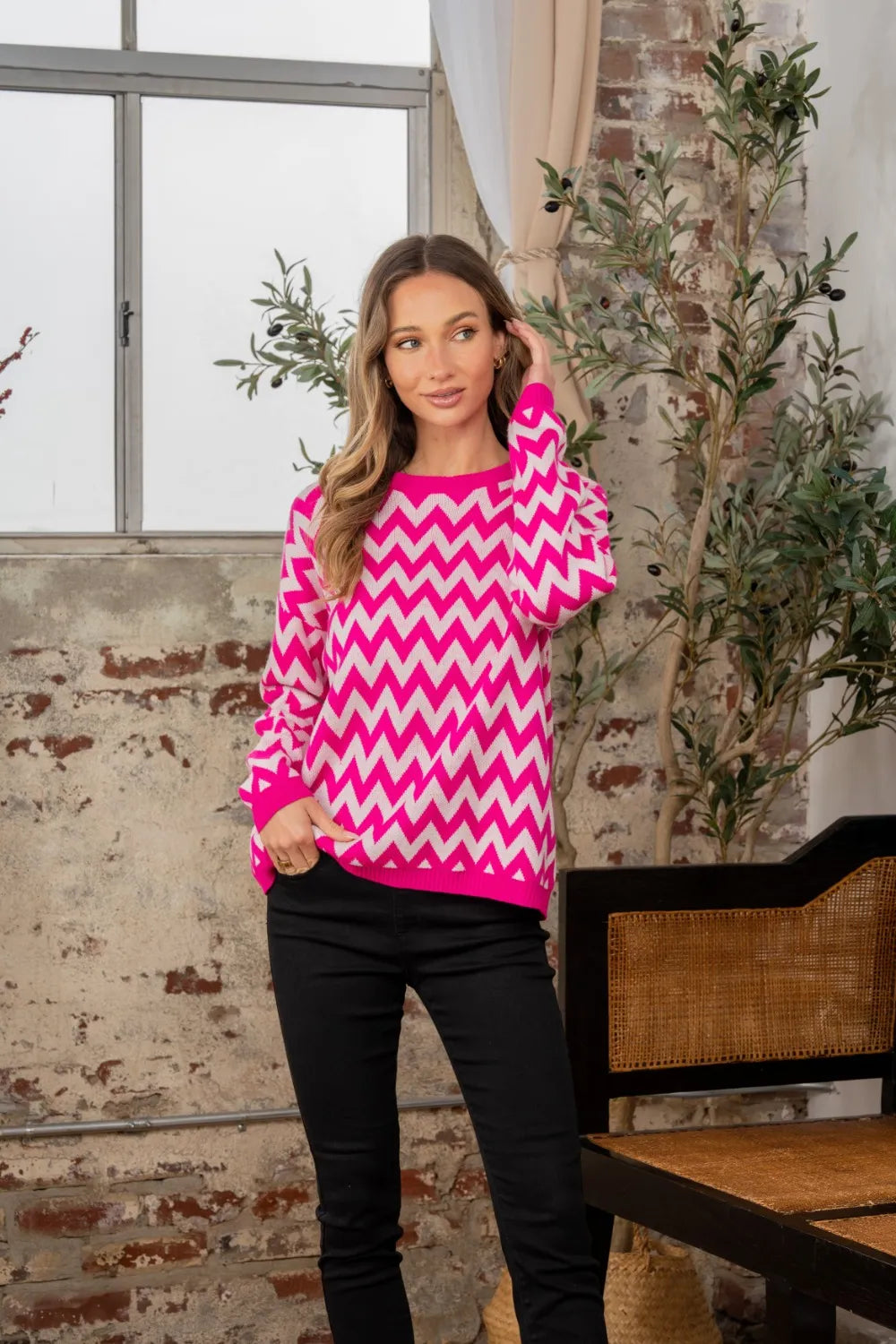 Trendsi Sew In Love full size wave stripe contrast long sleeve sweater with stylish pattern and comfortable fit.