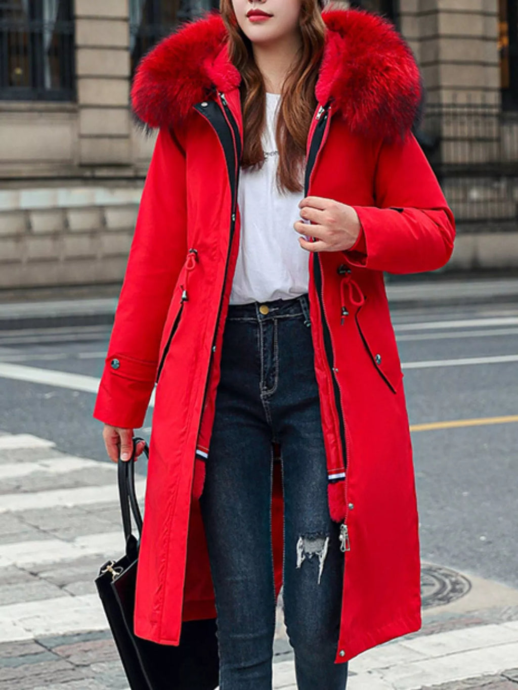 Longline hooded parka with faux fur trim and drawstring waist, view 34
