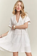 Ivory ADORA tiered notched short sleeve dress by Trendsi, featuring a stylish layered design and short sleeves, perfect for casual wear.