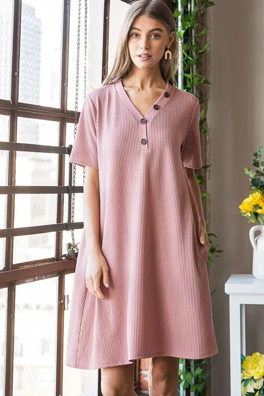 Plus size Heimish full-size ribbed mini dress with buttons, trendy and comfortable for casual wear