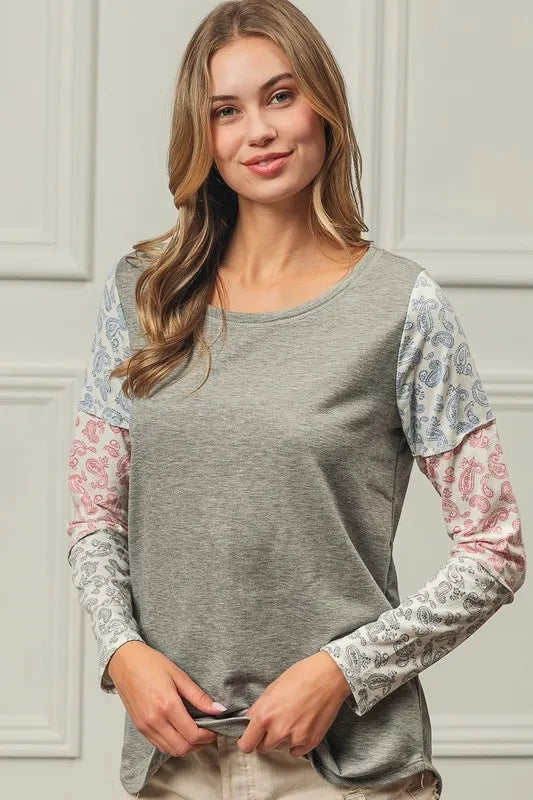 BiBi French Terry sweatshirt with paisley triblend color block design, featuring a stylish and comfortable casual fit.