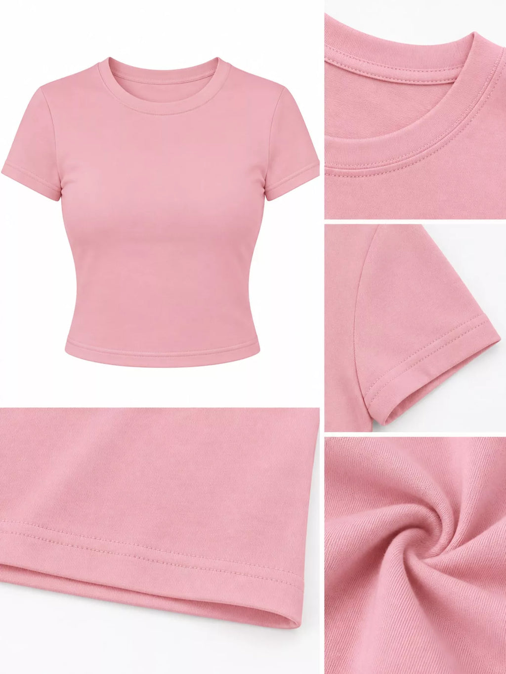 Slim fit basic crew neck short sleeve crop T-shirt by Trendsi, shown in black, with a close-up view of the fabric and fit.