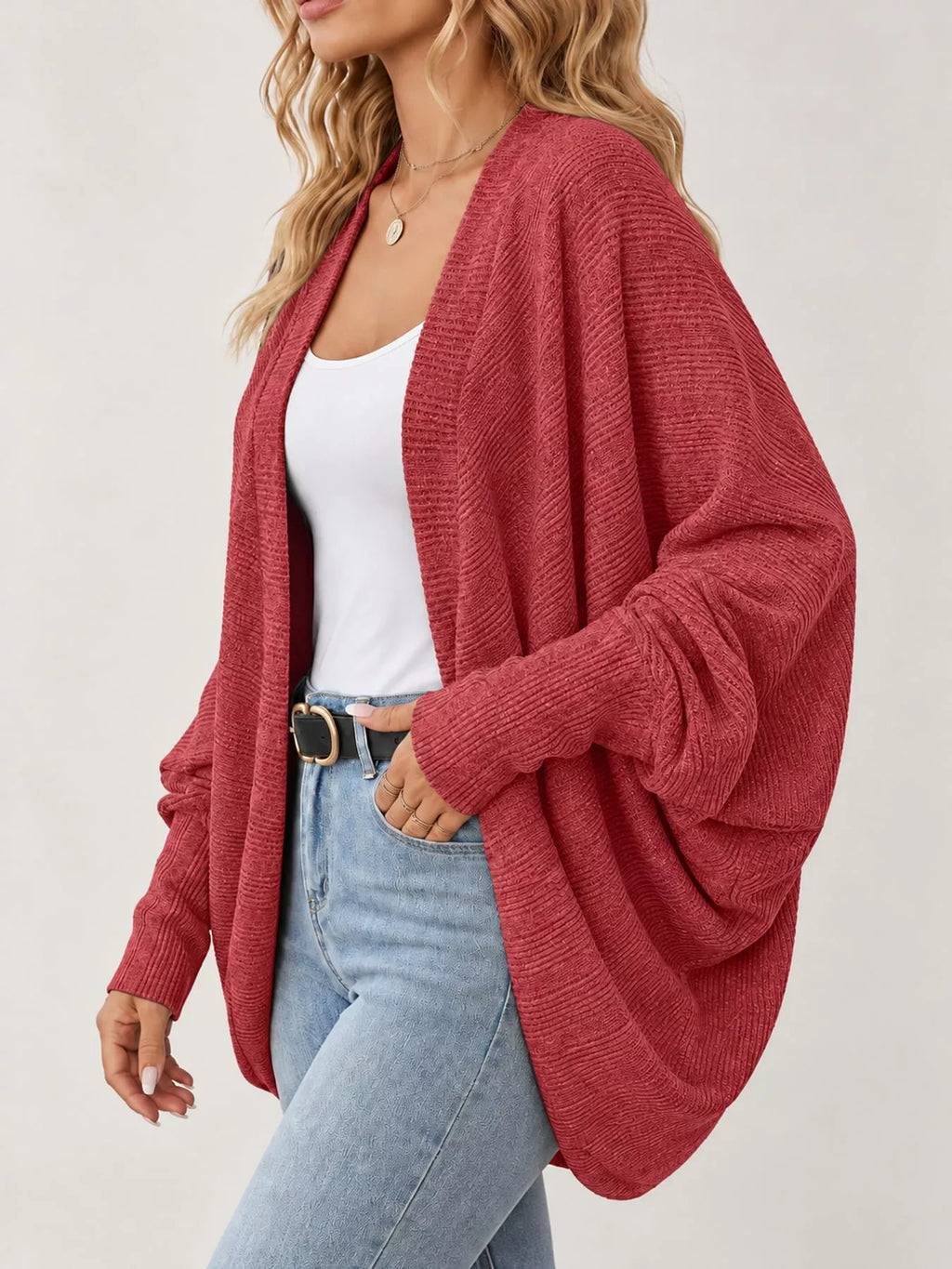 Open-front ribbed batwing sleeve cardigan, view 45