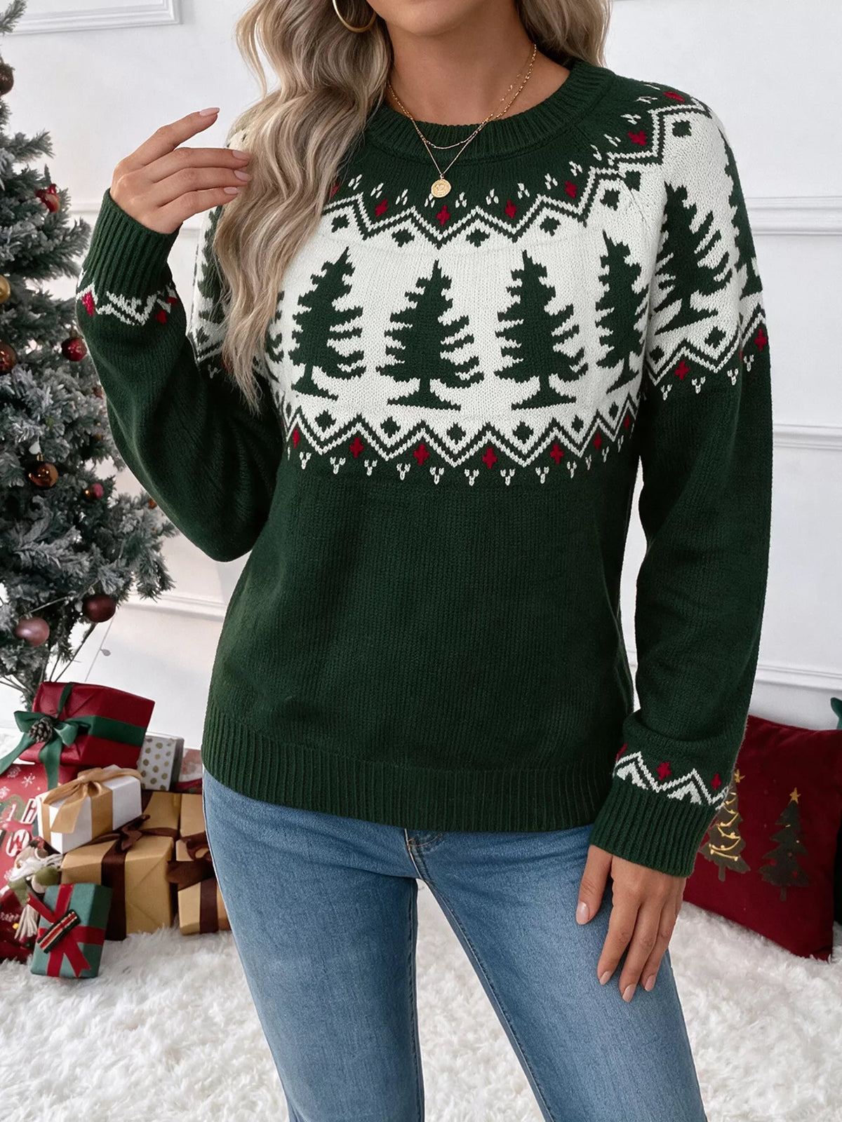 Dark green Christmas tree pattern round neck sweater, view 2