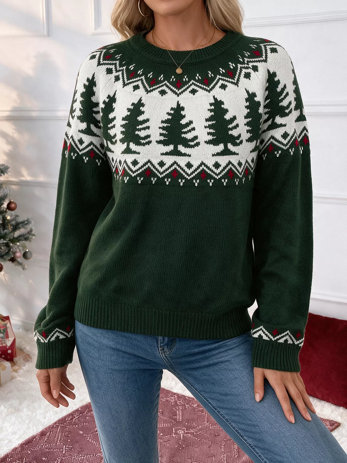 Dark green Christmas tree pattern round neck sweater, view 4