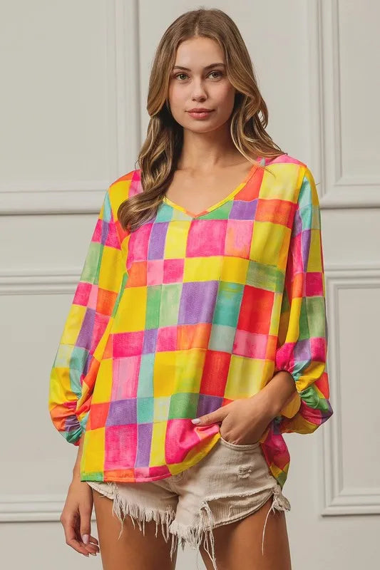 Colorful BiBi Multi Block Bubble Pop Balloon Top by Trendsi featuring vibrant, playful bubble design and lightweight fabric.
