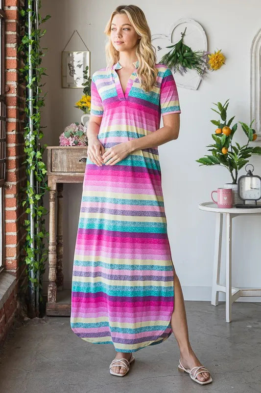 Heimish full size striped short sleeve maxi tee dress, plus size, with a relaxed fit and casual style, displayed on a hanger.