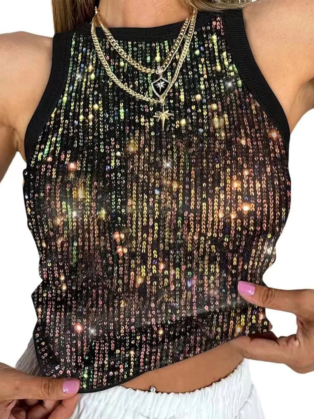 Sequin round neck tank top by Trendsi featuring shiny sequins and a sleeveless design, styled on a mannequin.