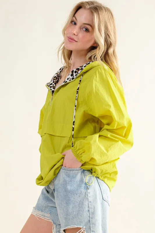 Lime leopard print hooded zip-up windbreaker with pockets, view 7