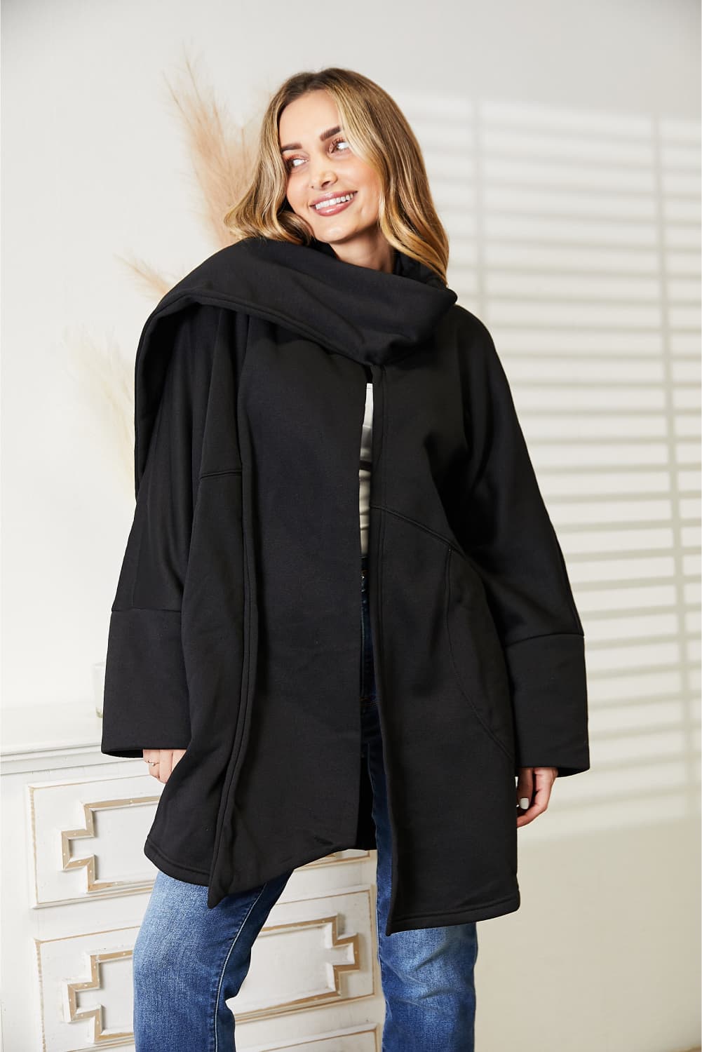 Heyson full size open front cardigan with scarf design, soft knit fabric, and relaxed fit, perfect for casual wear.