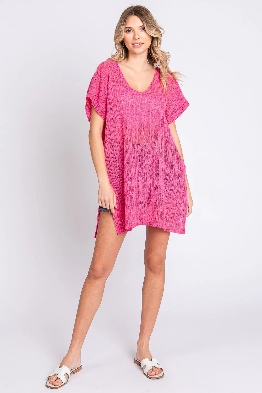 GeeGee short sleeve knit cover-up dress with side slits, trendy and lightweight, perfect for beach or casual summer wear.