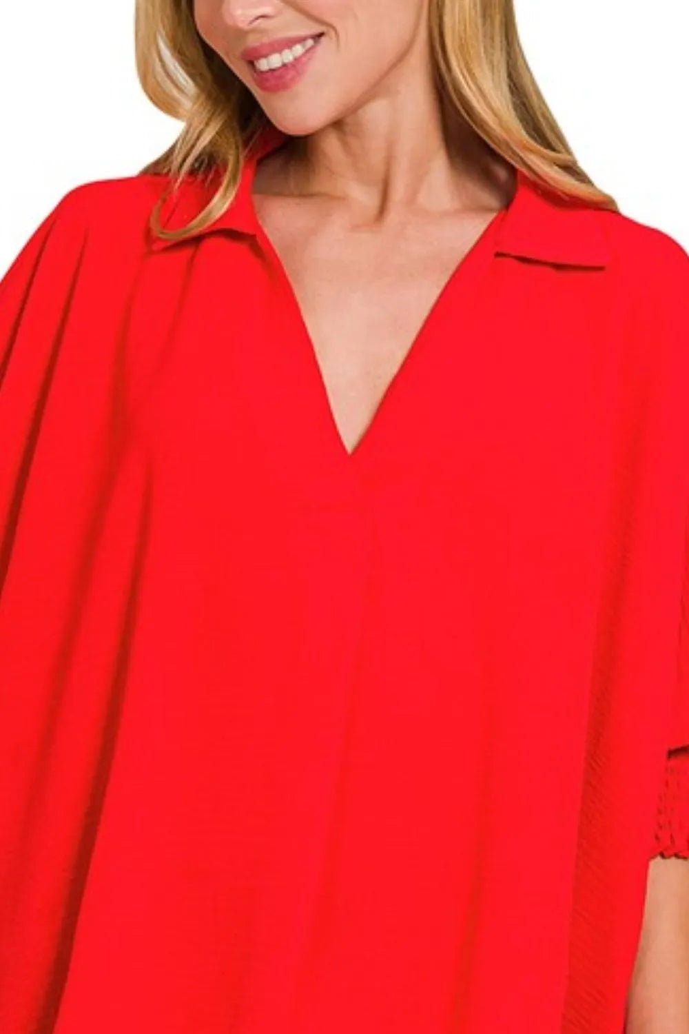 Zenana airflow collar tee with smocked sleeve band, featuring a relaxed fit and lightweight fabric, perfect for casual wear