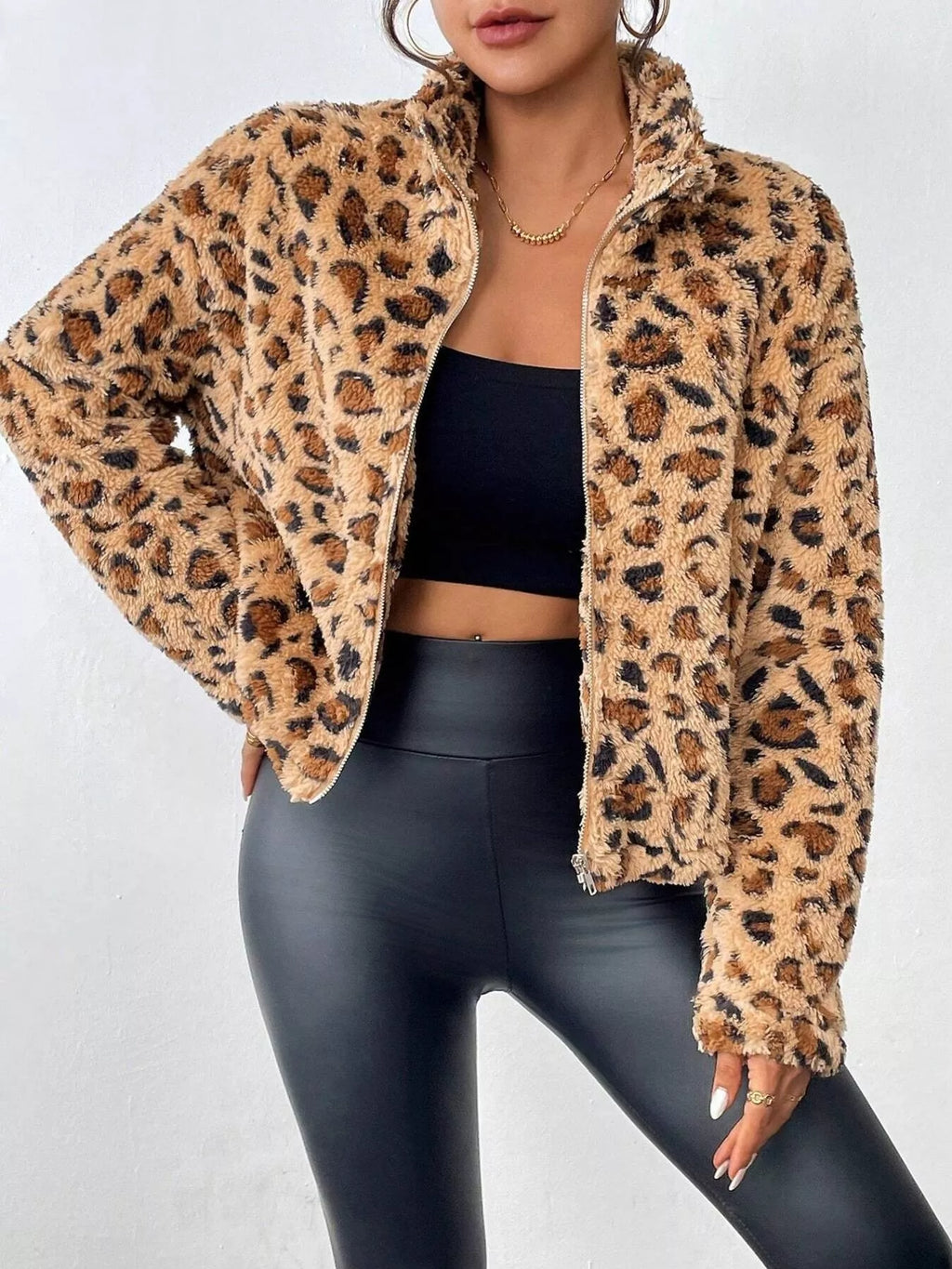 Leopard print fuzzy zip-up jacket, view 4