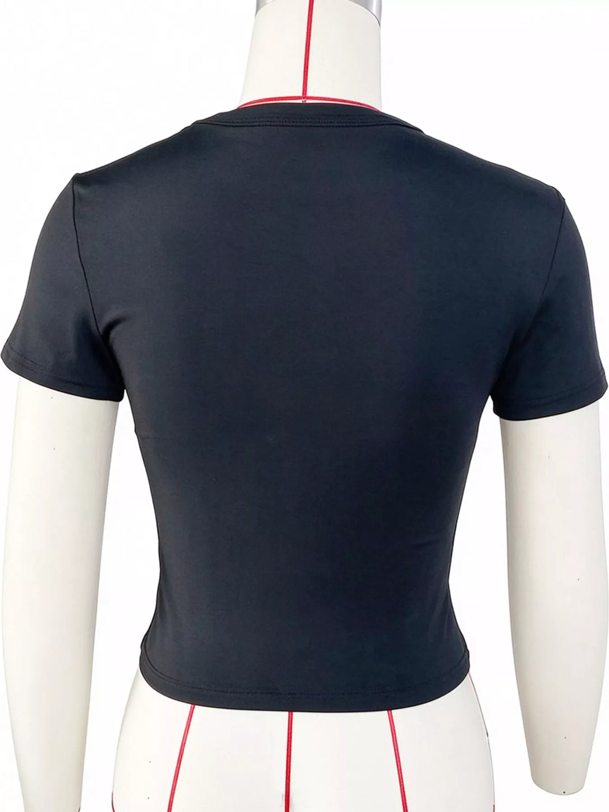 Slim fit basic crew neck short sleeve crop T-shirt by Trendsi, shown in black with a fitted silhouette and classic crew neckline.