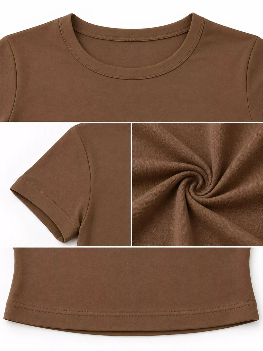 Slim fit basic crew neck short sleeve crop T-shirt by Trendsi, shown in black with a close-up view of the fabric and fit.