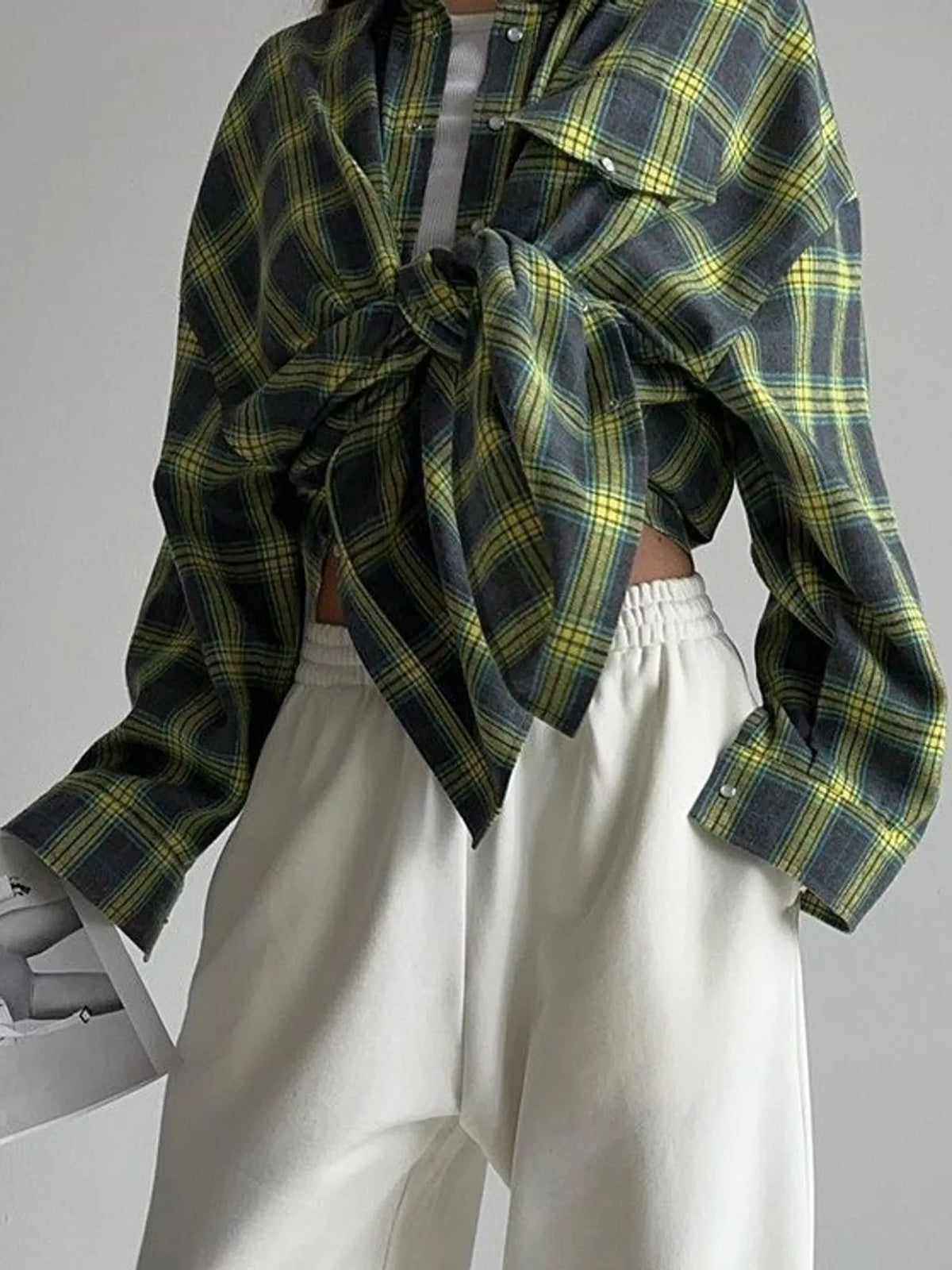 Trendsi plaid button-up shirt featuring a classic pattern, long sleeves, and collar, displayed on a white background.