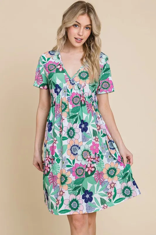 BOMBOM floral V-neck short sleeve dress with ruched details and a fitted silhouette, stylish and feminine from Trendsi.