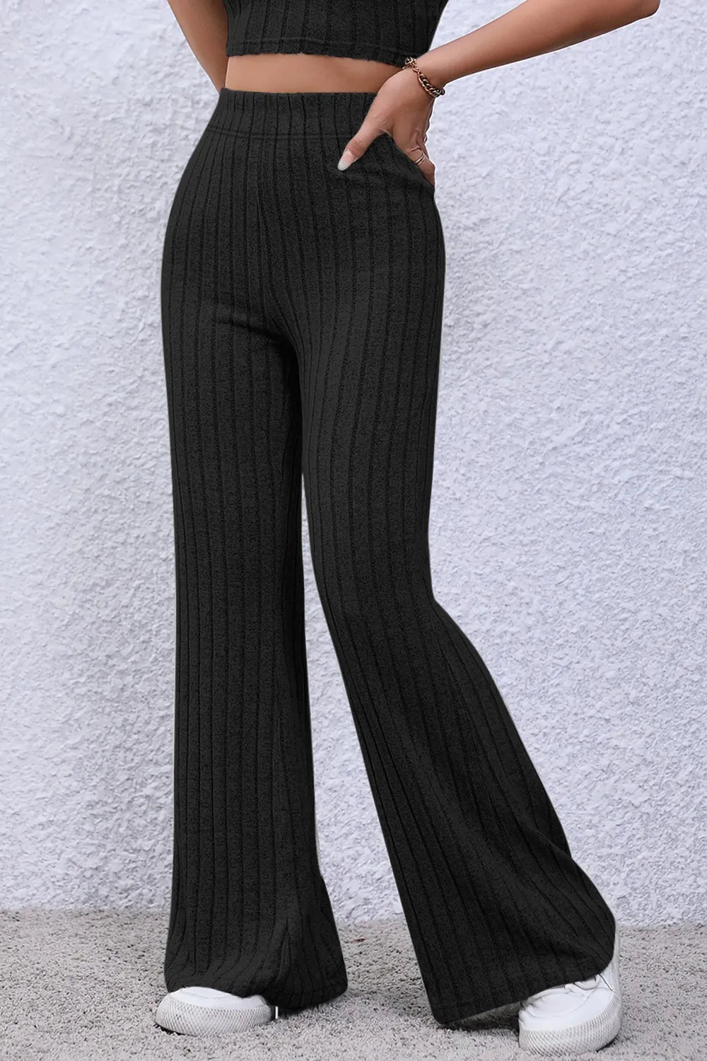 Full view of Trendsi Basic Bae ribbed high waist flare pants, showcasing their full length, high-rise fit, and flared leg design.