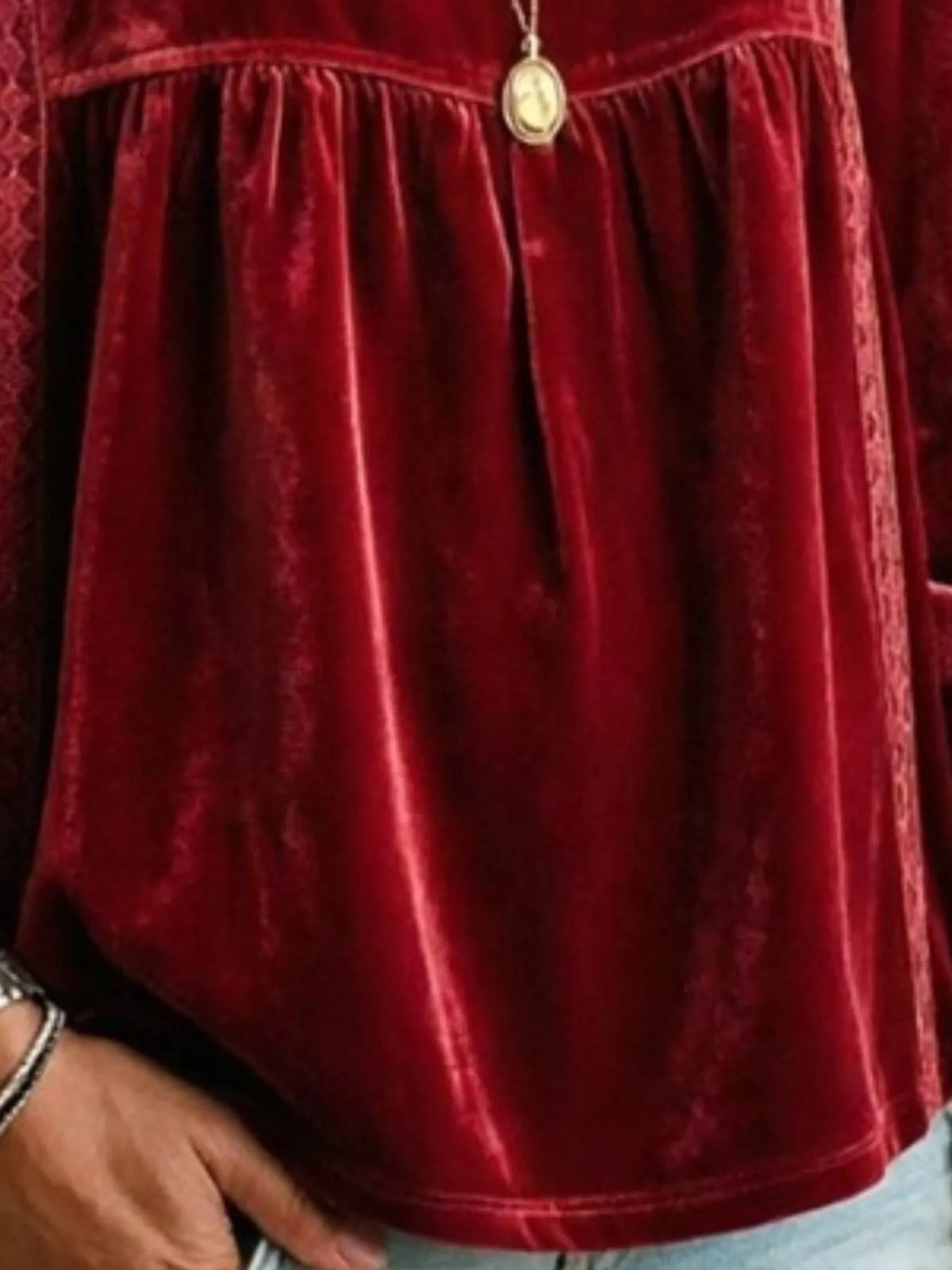 Full size velvet v-neck long sleeve blouse with lace trim, plus size, by Trendsi, shown in deep red fabric with elegant details.
