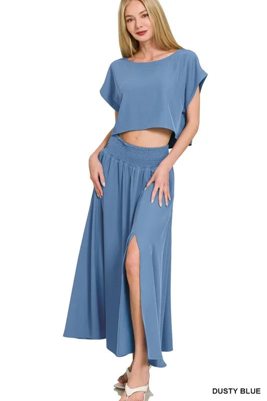 Zenana woven crinkle gauze crop tee and skirt set, lightweight and breathable casual outfit, shown in natural fabric detail.