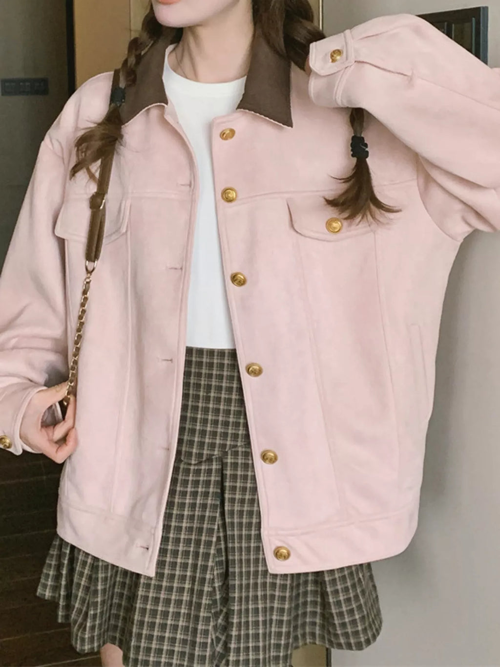 Pink suede button-up dropped shoulder jacket, view 3