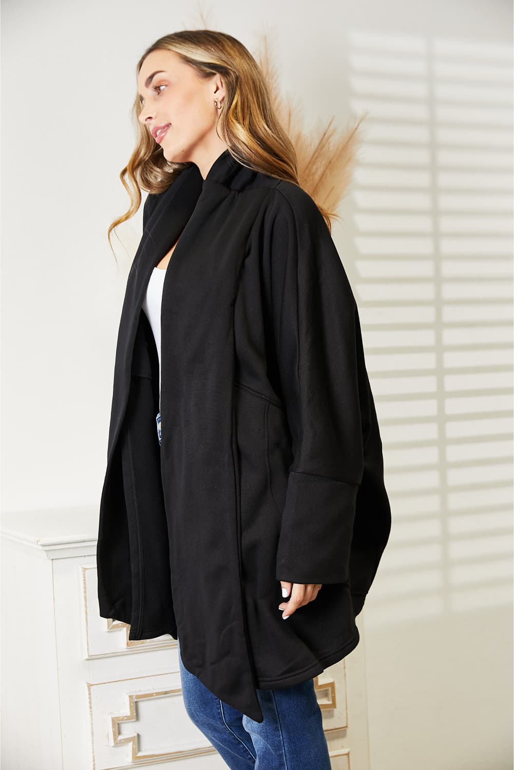 Heyson full size open front cardigan with scarf design, trendy knit sweater in soft fabric, worn open over casual outfits