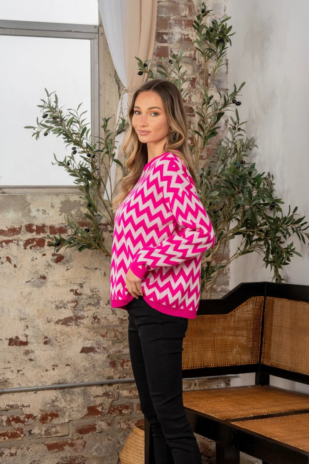 Full size wave stripe contrast long sleeve sweater from Sew In Love by Trendsi, featuring a stylish pattern and comfortable fit.