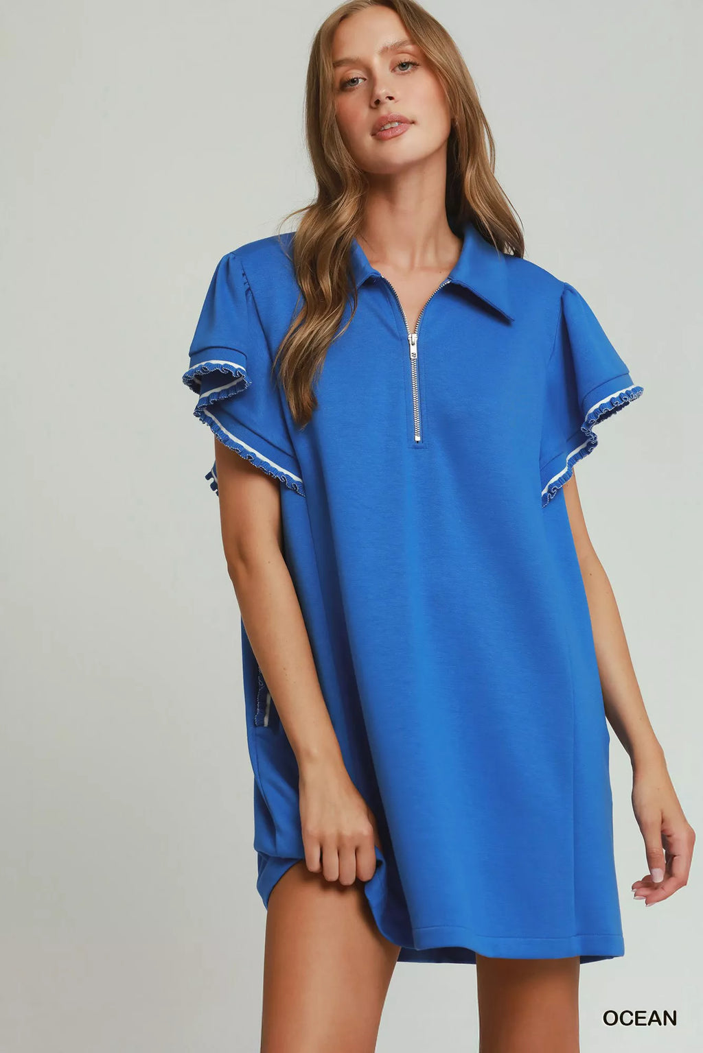 Ocean half-zip butterfly sleeve mini dress with pockets