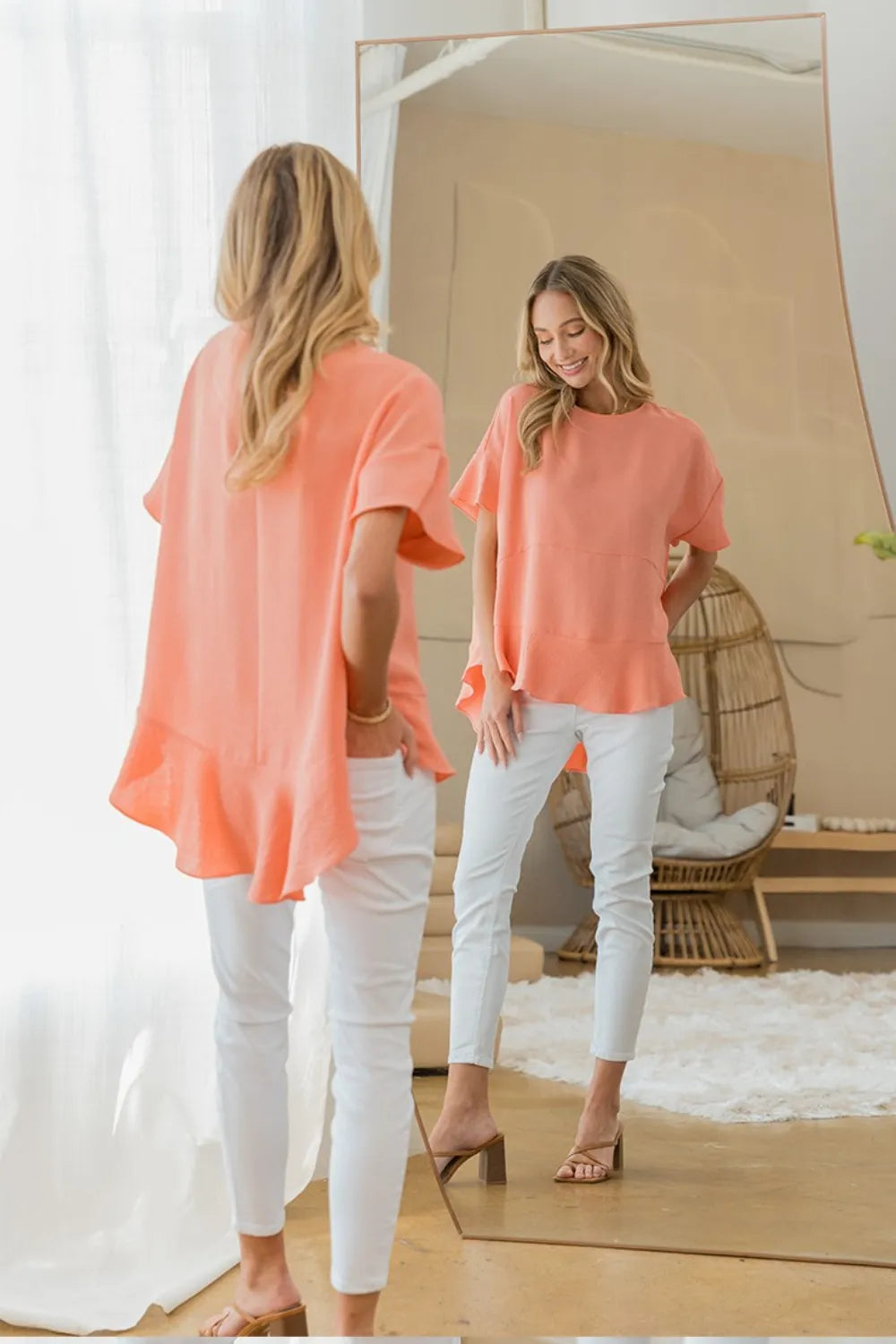 Sew In Love round neck ruffled top by Trendsi, featuring a feminine design with ruffled details and a classic round neckline.