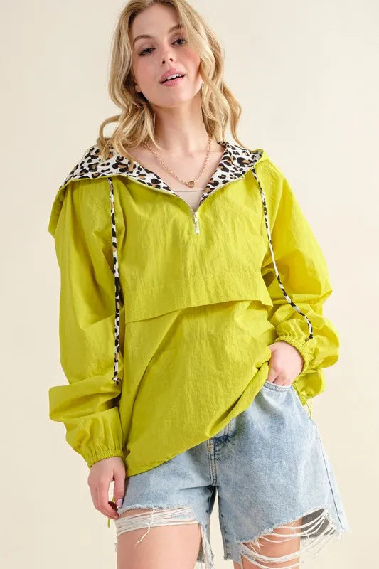 Lime leopard print hooded zip-up windbreaker with pockets, view 6
