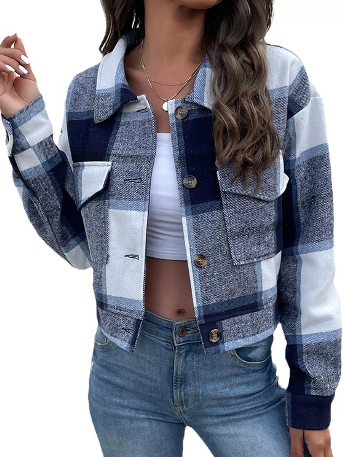 Plaid button-up cropped jacket, view 2