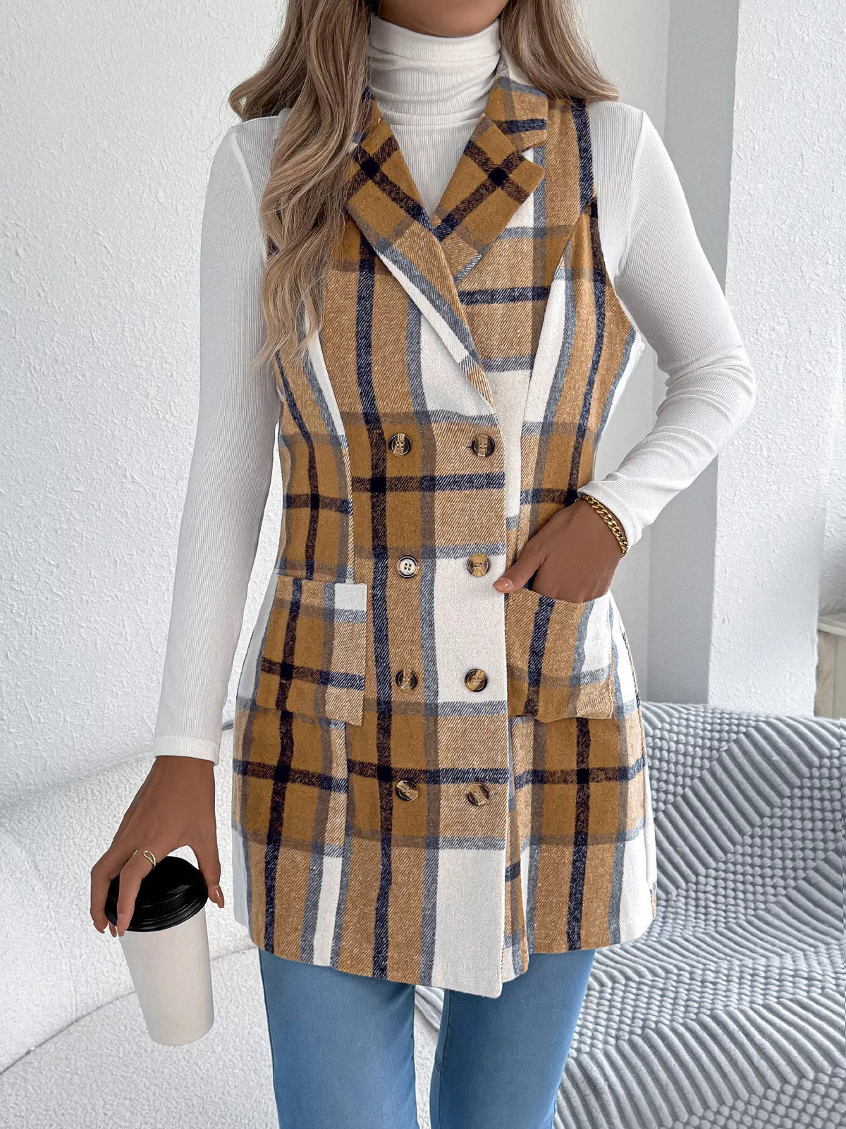 Plaid double-breasted vest coat, view 4