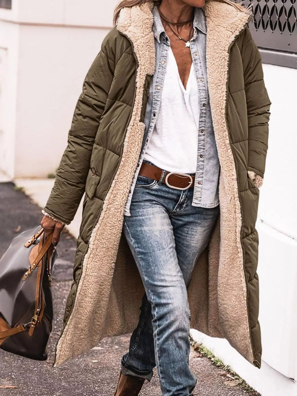 Plus size longline sherpa-lined hooded zip-up coat, view 10