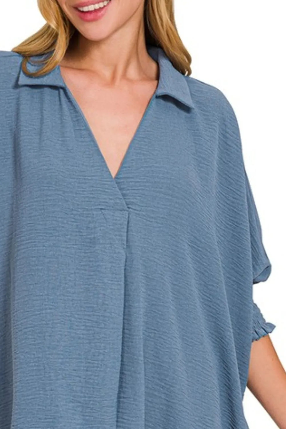 Zenana airflow collar tee with smocked sleeve band, casual top featuring a relaxed fit and short sleeves.