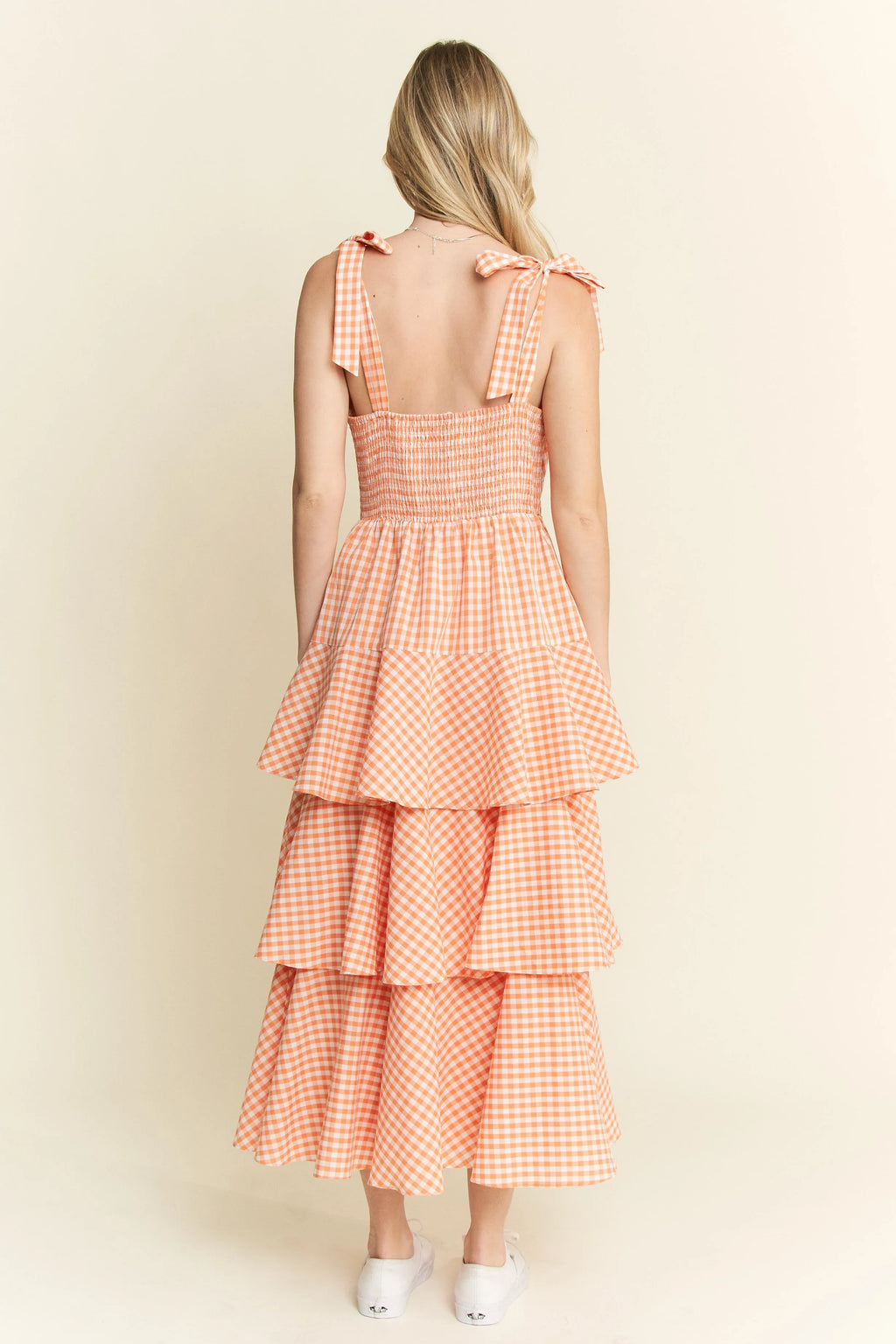 Jade by Jane sleeveless gingham print tiered midi dress with a flowy silhouette and classic checkered pattern.